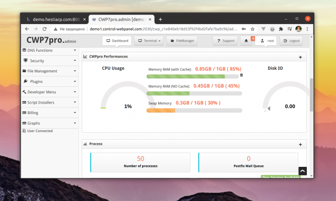 Обзор панели управления CentOS Web Panel