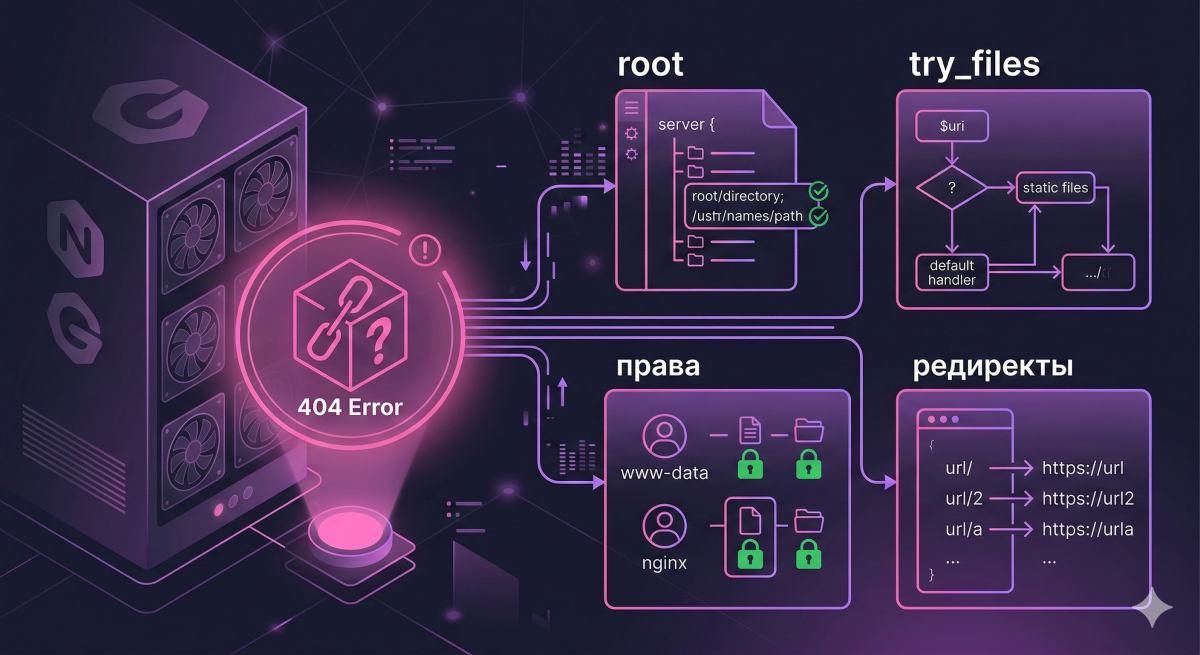 Ошибка 404 в Nginx: причины и пошаговое устранение — root, try_files, права, редиректы